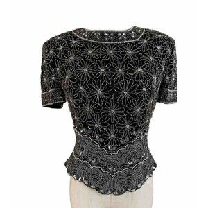 Papell Boutique Evening, Silk Floral Beaded Black‎ Blouse Size S Mint